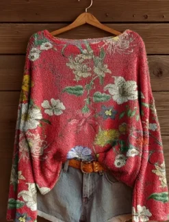Clearance Women's Sweater Casual Soft Floral Graphic Ribbed Boat Neck Knitted Print Long Sleeve Regular Tops Knit Outdoor Daily Weekend Pink Red Spring Fall Women Pullovers & Tops