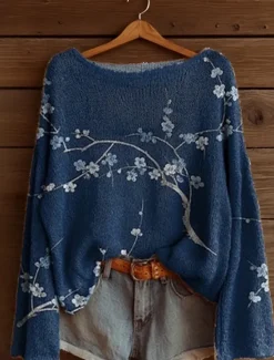 Clearance Women's Sweater Casual Soft Floral Graphic Ribbed Boat Neck Knitted Print Long Sleeve Regular Tops Knit Outdoor Daily Weekend Pink Red Spring Fall Women Pullovers & Tops