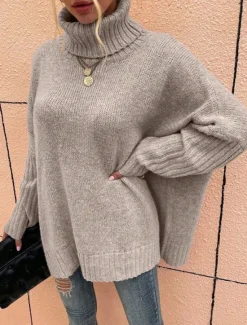 Sale Women's Sweater Casual Soft Pure Color Ribbed Turtleneck Knitted Long Sleeve Regular Tops Knit Outdoor Daily Weekend Green Khaki Fall Winter Women Pullovers & Tops