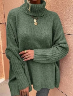 Sale Women's Sweater Casual Soft Pure Color Ribbed Turtleneck Knitted Long Sleeve Regular Tops Knit Outdoor Daily Weekend Green Khaki Fall Winter Women Pullovers & Tops