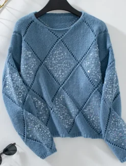 Outlet Women's Sweater Casual Soft Pure Color Ribbed Crew Neck Knitted Long Sleeve Regular Tops Knit Outdoor Daily Weekend Pink Blue Fall Women Pullovers & Tops