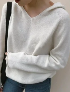 Online Women's Sweater Casual Soft Pure Color Ribbed Hooded Knitted Long Sleeve Regular Tops Knit Outdoor Daily Weekend White Yellow Fall Winter Women Pullovers & Tops