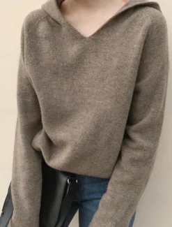 Online Women's Sweater Casual Soft Pure Color Ribbed Hooded Knitted Long Sleeve Regular Tops Knit Outdoor Daily Weekend White Yellow Fall Winter Women Pullovers & Tops
