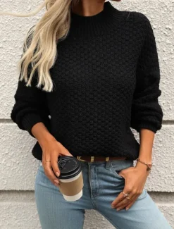 Outlet Women's Sweater Casual Soft Solid Color Mock Neck Textured Long Sleeve Regular Tops Knit Outdoor Work Daily Black White Fall Winter Women Pullovers & Tops