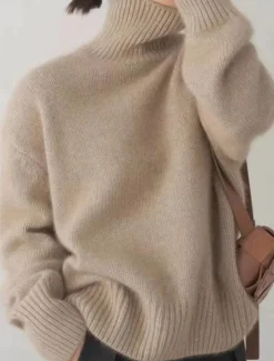 New Women's Sweater Casual Soft Pure Color Ribbed Turtleneck Knitted Long Sleeve Regular Tops Knit Outdoor Daily Weekend Camel Beige Fall Winter Women Pullovers & Tops