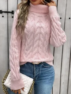 Sale Women's Sweater Casual Soft Pure Color Cable Turtleneck Knitted Long Sleeve Regular Tops Knit Outdoor Daily Weekend Pink Khaki Fall Winter Women Pullovers & Tops