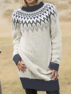 Clearance Women's Sweater Casual Soft Geometric Ribbed Crew Neck Knitted Print Long Sleeve Long Tops Knit Outdoor Daily Weekend Black Navy Blue Fall Winter Women Pullovers & Tops
