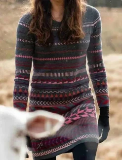 Clearance Women's Sweater Casual Soft Geometric Ribbed Crew Neck Knitted Print Long Sleeve Long Tops Knit Outdoor Daily Weekend Black Navy Blue Fall Winter Women Pullovers & Tops