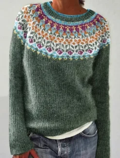 Discount Women's Sweater Casual Soft Geometric Ribbed Crew Neck Knitted Print Long Sleeve Regular Tops Knit Outdoor Daily Weekend Green Dark Gray Fall Winter Women Pullovers & Tops