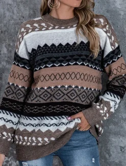 Sale Women's Sweater Casual Soft Geometric Ribbed Crew Neck Knitted Long Sleeve Regular Tops Knit Outdoor Daily Weekend Pink Red Fall Winter Women Pullovers & Tops