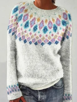 Best Women's Sweater Casual Soft Geometric Ribbed Crew Neck Knitted Long Sleeve Regular Tops Knit Outdoor Daily Weekend White Yellow Fall Winter Women Pullovers & Tops