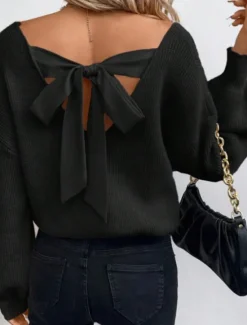 Sale Women's Sweater Casual Soft Pure Color Ribbed V Neck Open Back Knitted Long Sleeve Regular Tops Knit Outdoor Daily Weekend Black Royal Blue Fall Winter Women Pullovers & Tops
