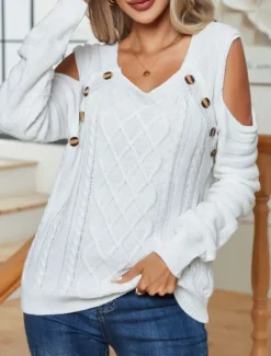 Women's Sweater Casual Soft Pure Color Cable Crew Neck Buttons Knitted Cold Shoulder Long Sleeve Regular Tops Knit Outdoor Daily Weekend White Pink Spring Fall Women Pullovers & Tops
