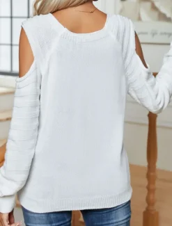 Women's Sweater Casual Soft Pure Color Cable Crew Neck Buttons Knitted Cold Shoulder Long Sleeve Regular Tops Knit Outdoor Daily Weekend White Pink Spring Fall Women Pullovers & Tops