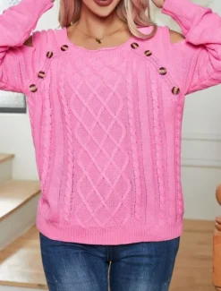 Women's Sweater Casual Soft Pure Color Cable Crew Neck Buttons Knitted Cold Shoulder Long Sleeve Regular Tops Knit Outdoor Daily Weekend White Pink Spring Fall Women Pullovers & Tops