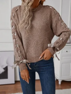 Discount Women's Sweater Casual Soft Pure Color Ribbed Crew Neck Patchwork Knitted Long Sleeve Regular Tops Knit Outdoor Daily Weekend Pink Khaki Fall Winter Women Pullovers & Tops