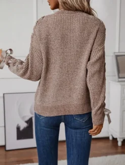 Discount Women's Sweater Casual Soft Pure Color Ribbed Crew Neck Patchwork Knitted Long Sleeve Regular Tops Knit Outdoor Daily Weekend Pink Khaki Fall Winter Women Pullovers & Tops