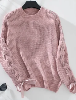 Discount Women's Sweater Casual Soft Pure Color Ribbed Crew Neck Patchwork Knitted Long Sleeve Regular Tops Knit Outdoor Daily Weekend Pink Khaki Fall Winter Women Pullovers & Tops