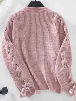 Discount Women's Sweater Casual Soft Pure Color Ribbed Crew Neck Patchwork Knitted Long Sleeve Regular Tops Knit Outdoor Daily Weekend Pink Khaki Fall Winter Women Pullovers & Tops