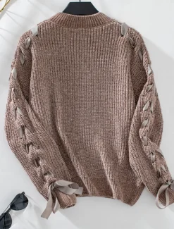 Discount Women's Sweater Casual Soft Pure Color Ribbed Crew Neck Patchwork Knitted Long Sleeve Regular Tops Knit Outdoor Daily Weekend Pink Khaki Fall Winter Women Pullovers & Tops