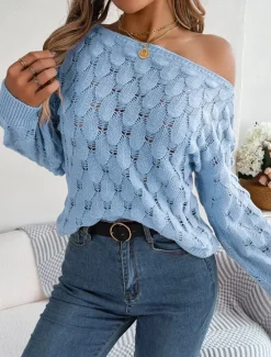Clearance Women's Sweater Casual Soft Pure Color Crochet Crew Neck Knitted Hole Long Sleeve Regular Tops Knit Outdoor Daily Weekend Pink Blue Fall Winter Women Pullovers & Tops