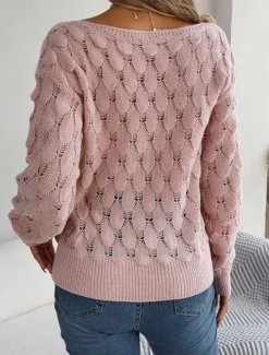 Clearance Women's Sweater Casual Soft Pure Color Crochet Crew Neck Knitted Hole Long Sleeve Regular Tops Knit Outdoor Daily Weekend Pink Blue Fall Winter Women Pullovers & Tops