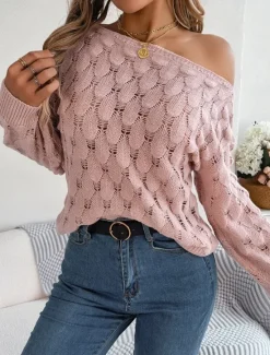 Clearance Women's Sweater Casual Soft Pure Color Crochet Crew Neck Knitted Hole Long Sleeve Regular Tops Knit Outdoor Daily Weekend Pink Blue Fall Winter Women Pullovers & Tops