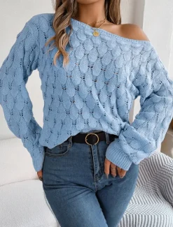 Clearance Women's Sweater Casual Soft Pure Color Crochet Crew Neck Knitted Hole Long Sleeve Regular Tops Knit Outdoor Daily Weekend Pink Blue Fall Winter Women Pullovers & Tops