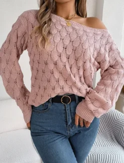 Clearance Women's Sweater Casual Soft Pure Color Crochet Crew Neck Knitted Hole Long Sleeve Regular Tops Knit Outdoor Daily Weekend Pink Blue Fall Winter Women Pullovers & Tops