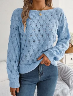 Clearance Women's Sweater Casual Soft Pure Color Crochet Crew Neck Knitted Hole Long Sleeve Regular Tops Knit Outdoor Daily Weekend Pink Blue Fall Winter Women Pullovers & Tops