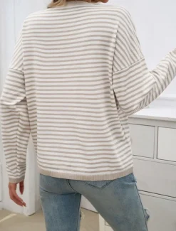 Discount Women's Sweater Casual Soft Striped Ribbed Crew Neck Knitted Long Sleeve Regular Tops Knit Outdoor Daily Weekend Fall Winter Women Pullovers & Tops