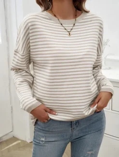 Discount Women's Sweater Casual Soft Striped Ribbed Crew Neck Knitted Long Sleeve Regular Tops Knit Outdoor Daily Weekend Fall Winter Women Pullovers & Tops