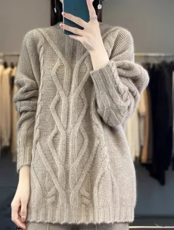 Sale Women's Sweater Casual Soft Pure Color Cable Stand Collar Knitted Long Sleeve Regular Tops Knit Outdoor Daily Weekend Black White Fall Winter Women Pullovers & Tops