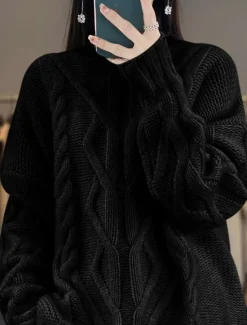 Sale Women's Sweater Casual Soft Pure Color Cable Stand Collar Knitted Long Sleeve Regular Tops Knit Outdoor Daily Weekend Black White Fall Winter Women Pullovers & Tops
