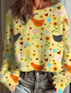 Clearance Women's Sweater Casual Soft Graphic Animal Ribbed Crew Neck Knitted Print Long Sleeve Regular Tops Knit Outdoor Daily Weekend White Yellow Fall Winter Women Pullovers & Tops