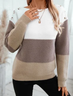 Women's Sweater Casual Soft Striped Ribbed Crew Neck Buttons Knitted Long Sleeve Regular Tops Knit Outdoor Daily Weekend Purple Brown Fall Winter Women Pullovers & Tops