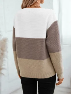 Women's Sweater Casual Soft Striped Ribbed Crew Neck Buttons Knitted Long Sleeve Regular Tops Knit Outdoor Daily Weekend Purple Brown Fall Winter Women Pullovers & Tops