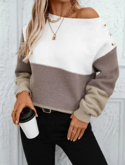 Women's Sweater Casual Soft Striped Ribbed Crew Neck Buttons Knitted Long Sleeve Regular Tops Knit Outdoor Daily Weekend Purple Brown Fall Winter Women Pullovers & Tops