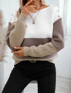 Women's Sweater Casual Soft Striped Ribbed Crew Neck Buttons Knitted Long Sleeve Regular Tops Knit Outdoor Daily Weekend Purple Brown Fall Winter Women Pullovers & Tops