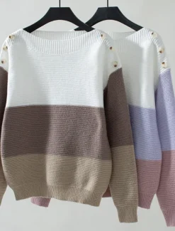Women's Sweater Casual Soft Striped Ribbed Crew Neck Buttons Knitted Long Sleeve Regular Tops Knit Outdoor Daily Weekend Purple Brown Fall Winter Women Pullovers & Tops