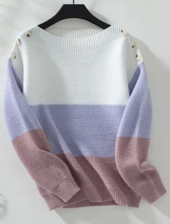 Women's Sweater Casual Soft Striped Ribbed Crew Neck Buttons Knitted Long Sleeve Regular Tops Knit Outdoor Daily Weekend Purple Brown Fall Winter Women Pullovers & Tops