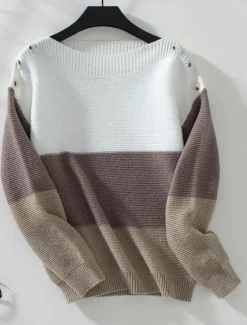 Women's Sweater Casual Soft Striped Ribbed Crew Neck Buttons Knitted Long Sleeve Regular Tops Knit Outdoor Daily Weekend Purple Brown Fall Winter Women Pullovers & Tops