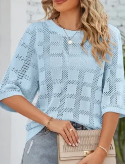 Hot Women's Sweater Casual Soft Pure Color Ribbed Crew Neck Knitted 3/4 Length Sleeve Regular Tops Knit Outdoor Daily Weekend White Pink Spring Fall Women Pullovers & Tops