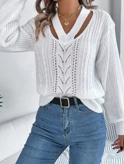 Hot Women's Sweater Casual Soft Pure Color Cable V Neck Hollow Out Knitted Long Sleeve Regular Tops Knit Outdoor Daily Weekend White Orange Fall Winter Women Pullovers & Tops