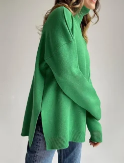 Discount Women's Sweater Casual Soft Pure Color Ribbed Turtleneck Split Knitted Long Sleeve Regular Tops Knit Outdoor Daily Weekend Royal Blue Green Fall Winter Women Pullovers & Tops