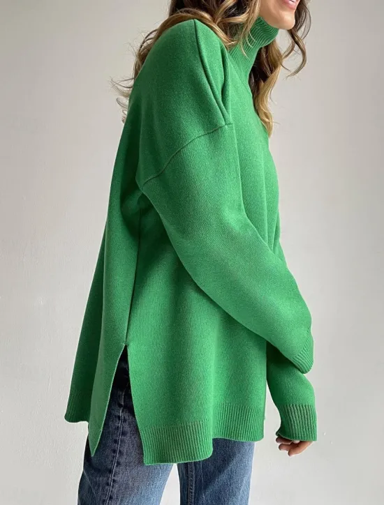 Discount Women's Sweater Casual Soft Pure Color Ribbed Turtleneck Split Knitted Long Sleeve Regular Tops Knit Outdoor Daily Weekend Royal Blue Green Fall Winter Women Pullovers & Tops