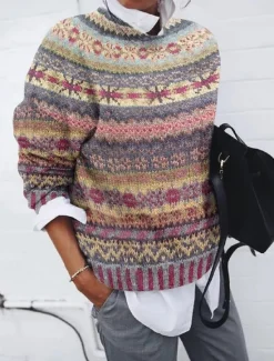 New Women's Sweater Casual Soft Geometric Pure Color Ribbed Crew Neck Knitted Print Long Sleeve Regular Tops Knit Outdoor Daily Weekend Red Blue Fall Winter Women Pullovers & Tops