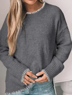 Outlet Women's Sweater Casual Soft Pure Color Ribbed Crew Neck Patchwork Knitted Long Sleeve Regular Tops Knit Outdoor Daily Weekend Green Khaki Fall Winter Women Pullovers & Tops