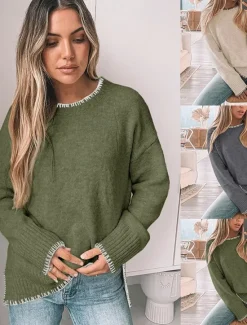 Outlet Women's Sweater Casual Soft Pure Color Ribbed Crew Neck Patchwork Knitted Long Sleeve Regular Tops Knit Outdoor Daily Weekend Green Khaki Fall Winter Women Pullovers & Tops