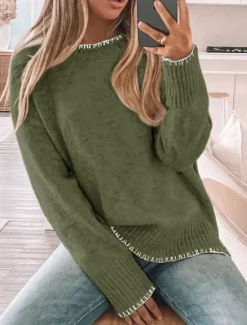 Outlet Women's Sweater Casual Soft Pure Color Ribbed Crew Neck Patchwork Knitted Long Sleeve Regular Tops Knit Outdoor Daily Weekend Green Khaki Fall Winter Women Pullovers & Tops